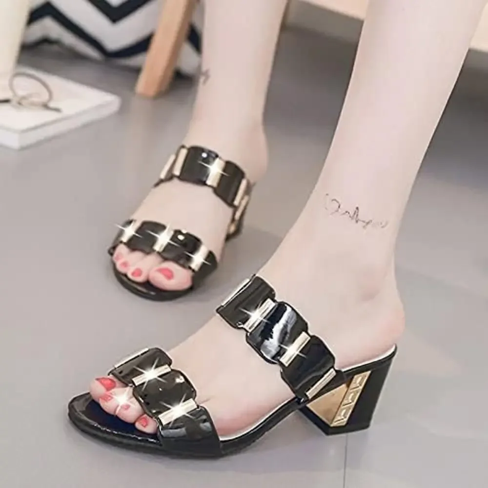 BRAND NEW ~ Women's Black & Gold Chunky Heel Slides Dressy Shoes ~ Size 5 (35)